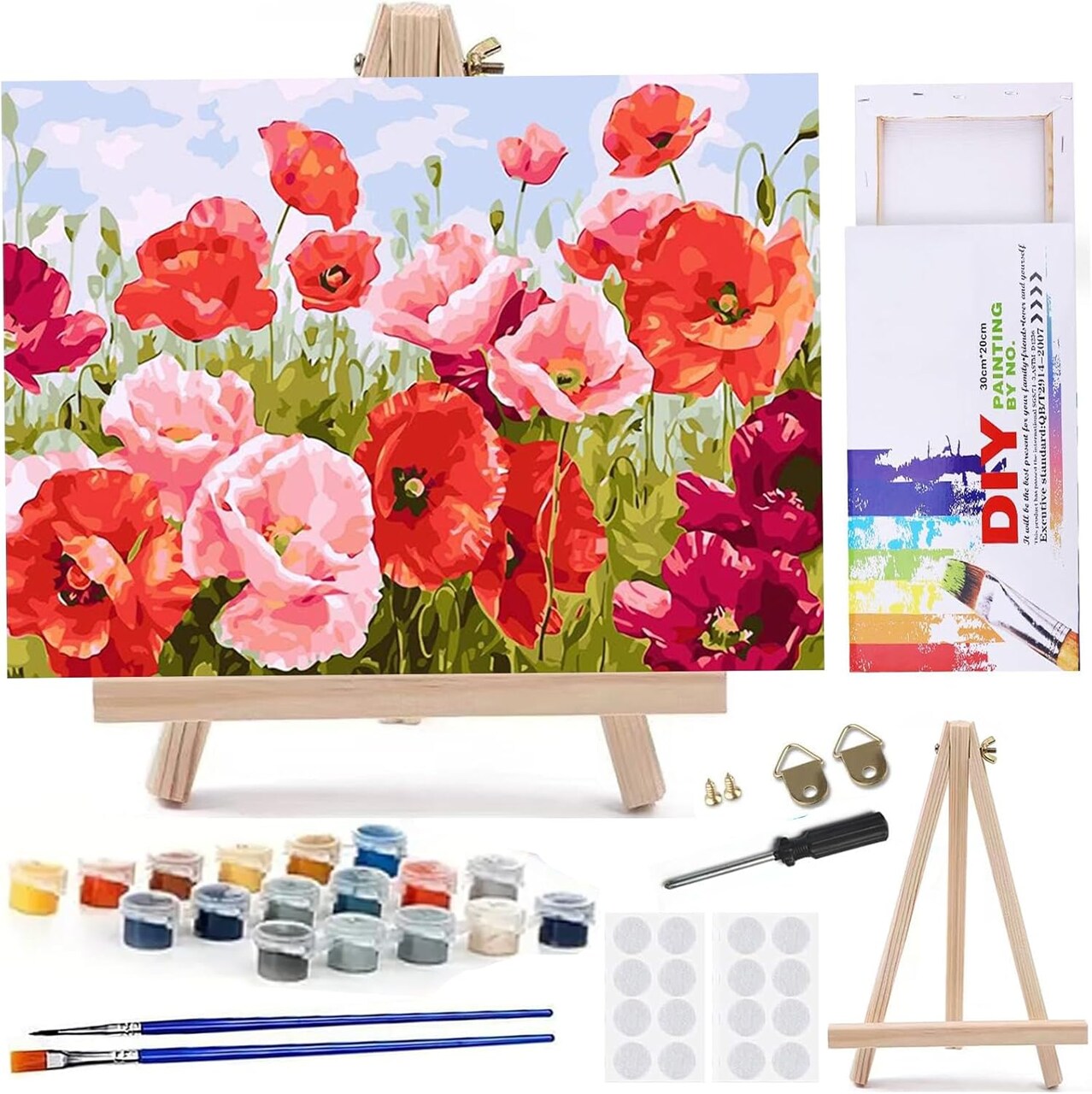 Paint by Numbers Kit for Adults & Beginners – 8x12 Inch Framed Canvas with Wooden Triangle Easel, Acrylic Painting of Poppy Flowers